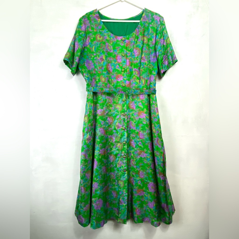 Shiny green handmade button-down dress (L)